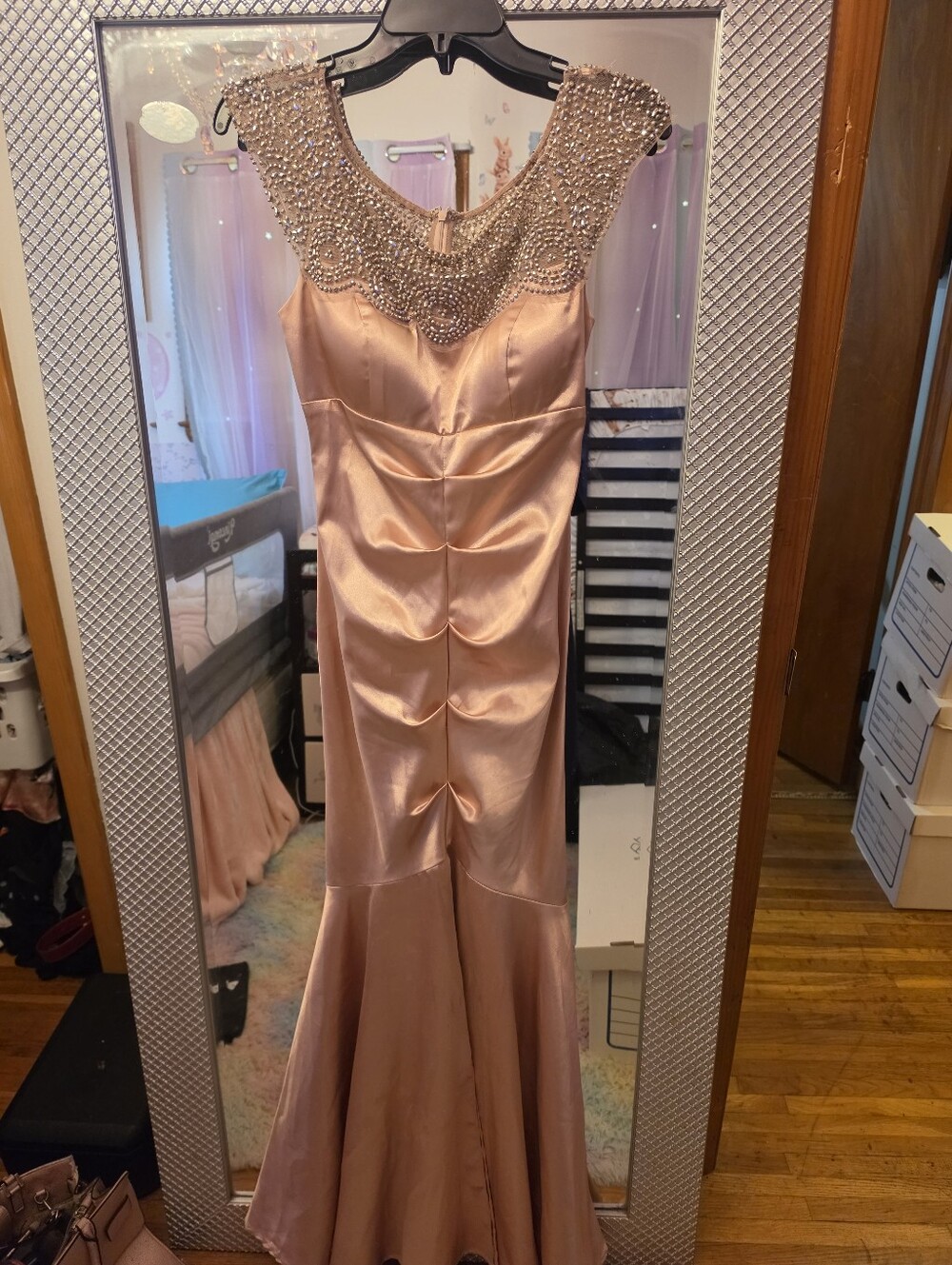 Xscape Rose Gold Satin Beaded Neckline Maxi Dress